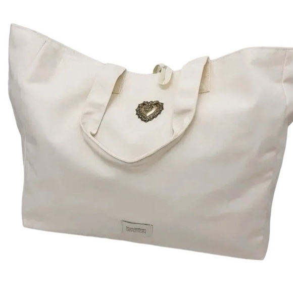 Dolce & Gabbana Devotion Cream Canvas Large Tote Bag Purse D&G Gold Heart Plaque - Picture 6 of 14